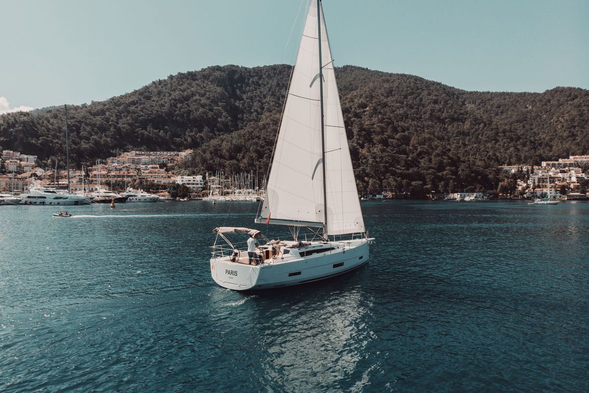 Exterior view of Paris, a Dufour 390 sailboat at Fethiye, Turkey