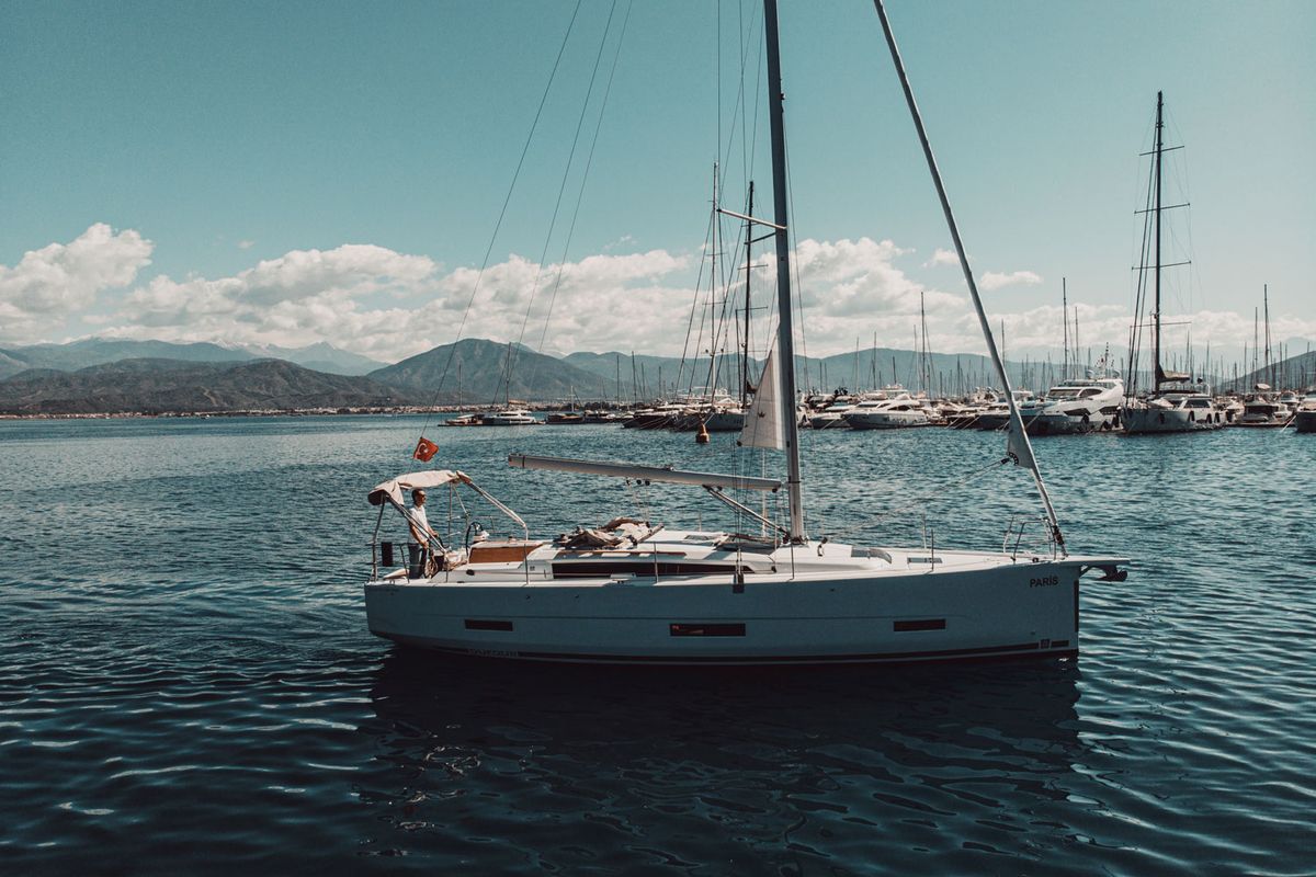 Exterior view of Paris, a Dufour 390 sailboat at Fethiye, Turkey