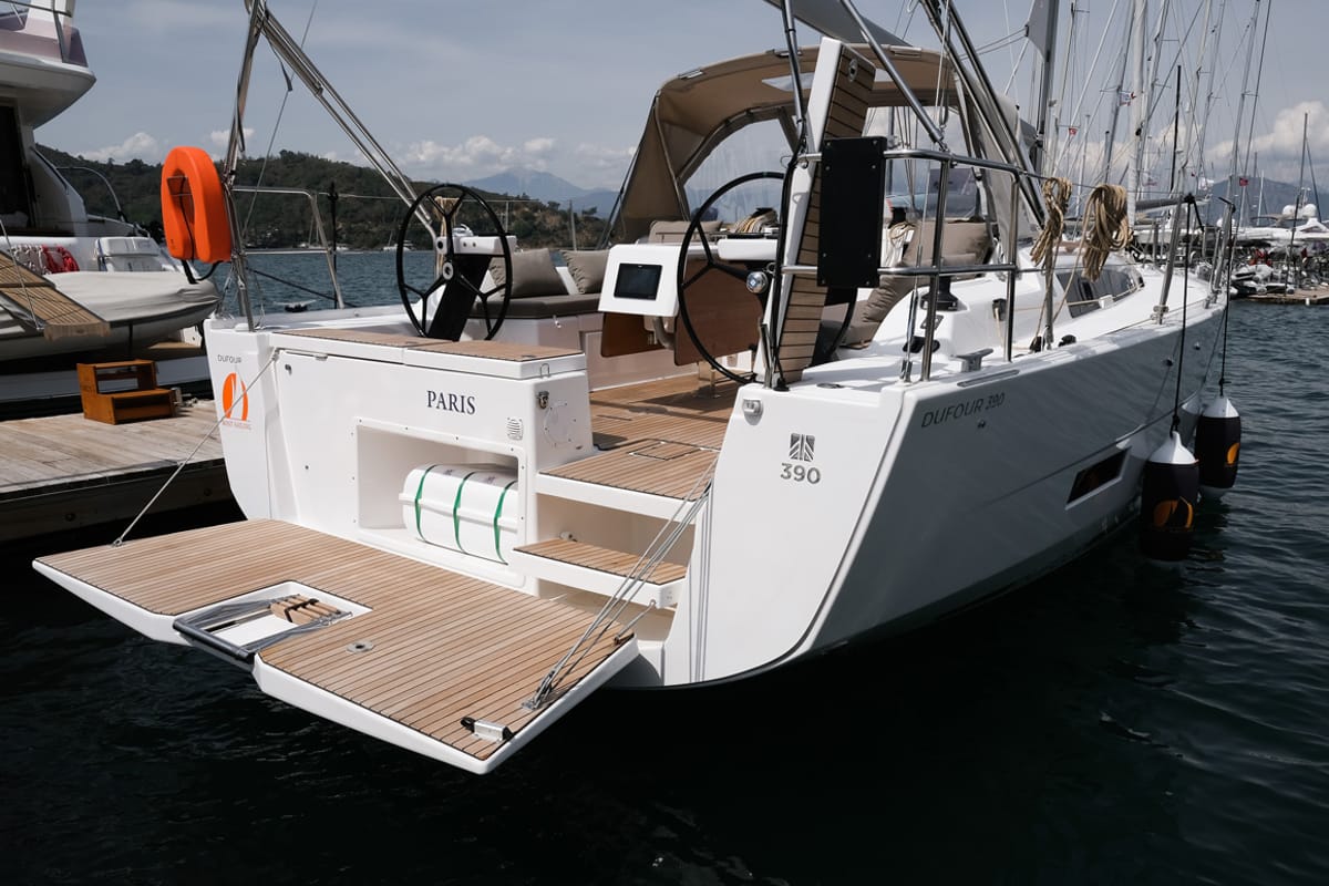 Exterior view of Paris, a Dufour 390 sailboat at Fethiye, Turkey