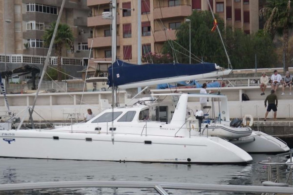 Exterior view of Alboran Ron Punch (Majorca), a Voyage 440 catamaran at es Jonquet, Spain