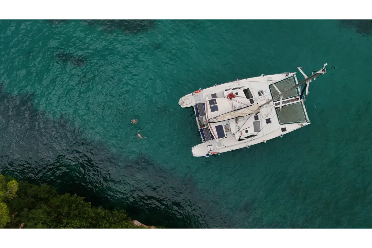 Exterior view of Alboran Ron Punch (Majorca), a Voyage 440 catamaran at es Jonquet, Spain