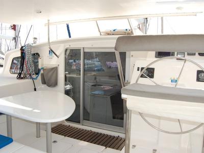 Cockpit of Alboran Ron Punch (Majorca), a Voyage 440 catamaran at es Jonquet, Spain