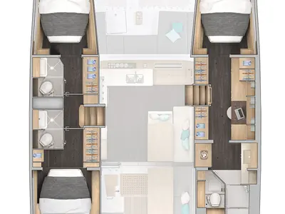 Floor plan of Promises Promises, a Lagoon 43 catamaran at Central Abaco, Bahamas