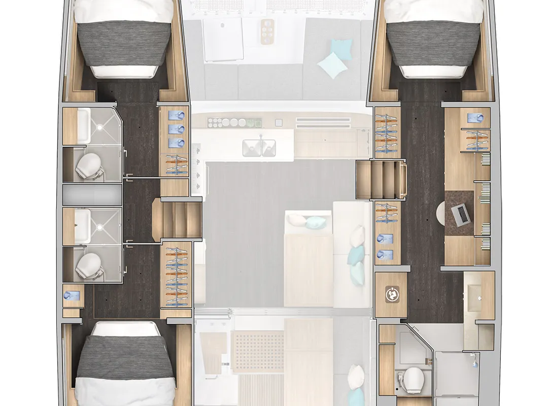 Floor plan of Promises Promises, a Lagoon 43 catamaran at Central Abaco, Bahamas