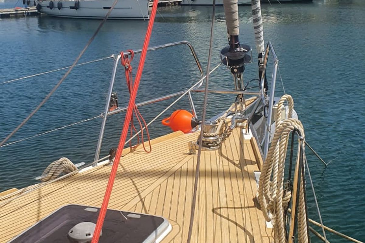 Deck of Premium +, a Beneteau Oceanis 60 sailboat at Municipal Unit of Lefkada, Greece