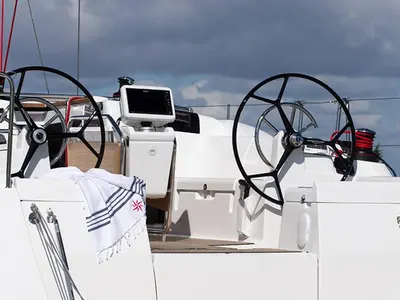 Cockpit of Anerada, a Jeanneau Sun Odyssey 419 sailboat at Athens, Greece