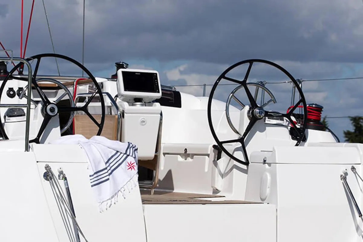 Cockpit of Anerada, a Jeanneau Sun Odyssey 419 sailboat at Athens, Greece