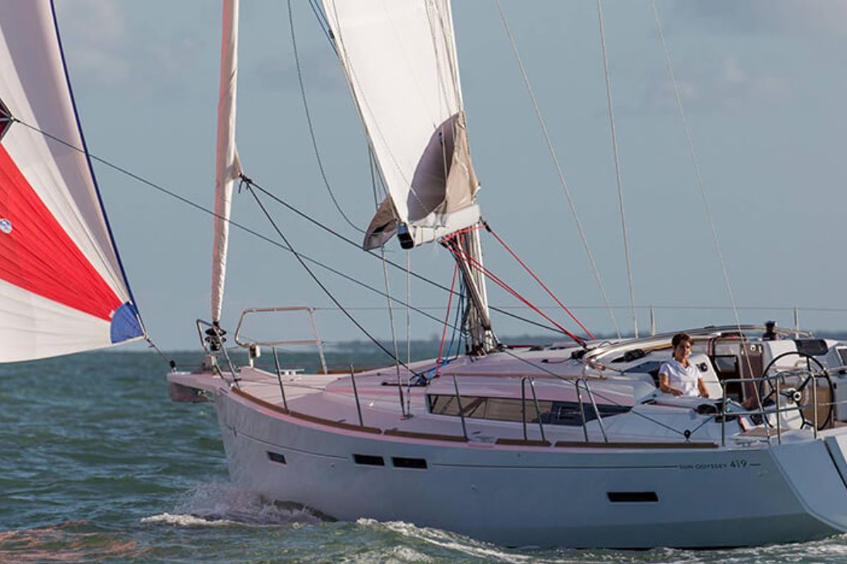 Exterior view of Anerada, a Jeanneau Sun Odyssey 419 sailboat at Athens, Greece