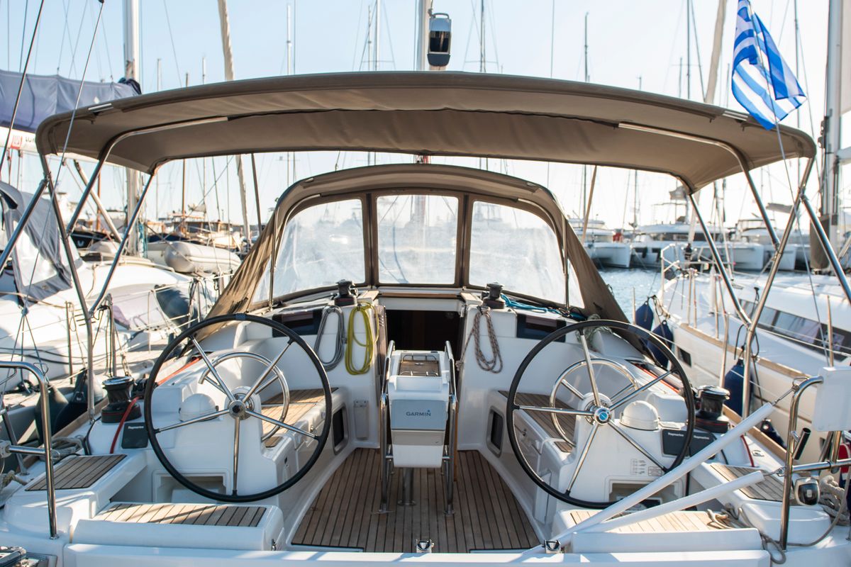 Cockpit of Anerada, a Jeanneau Sun Odyssey 419 sailboat at Athens, Greece