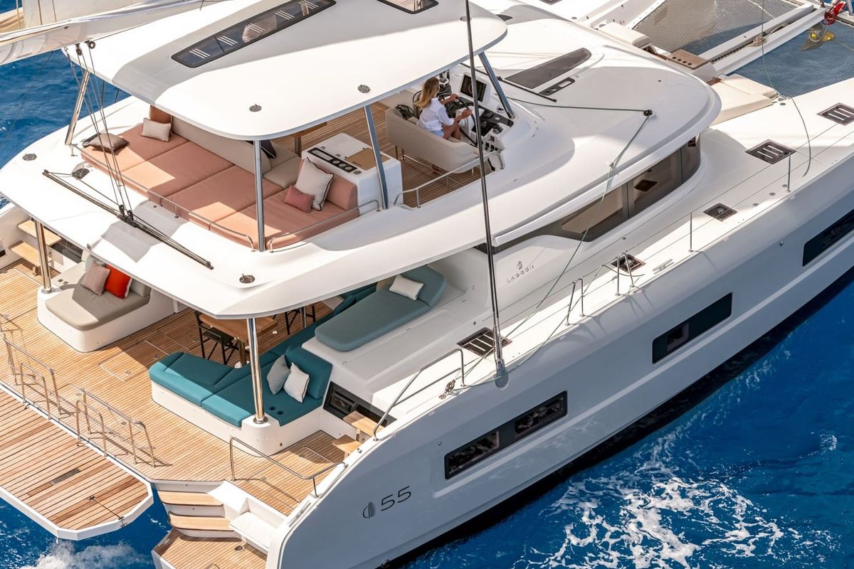 Exterior view of Premium +, a Lagoon 55 catamaran at Trapani, Italy