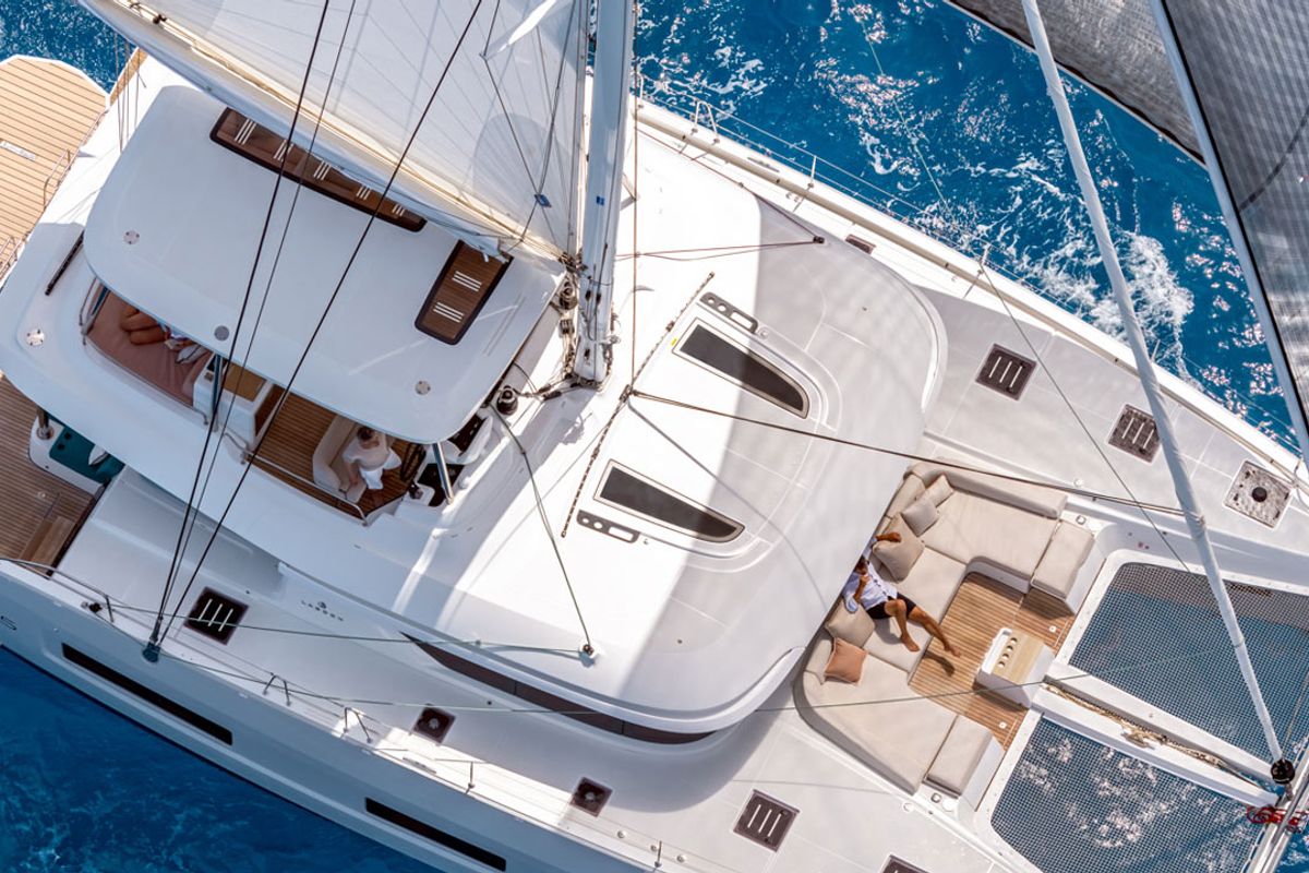 Deck of Premium +, a Lagoon 55 catamaran at Trapani, Italy