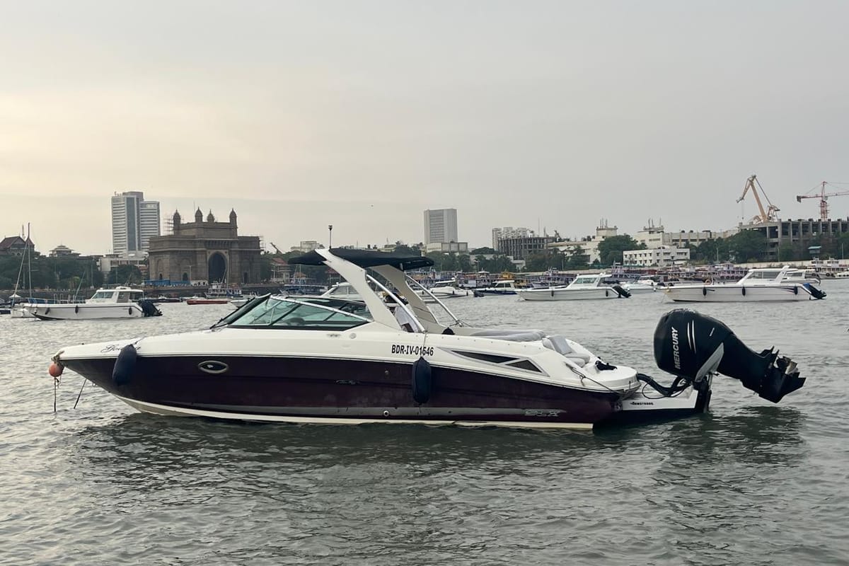 Exterior view of Godiva, a Sea Ray Boats Sea Ray SLX 300 motorboat at Mumbai Harbour, India