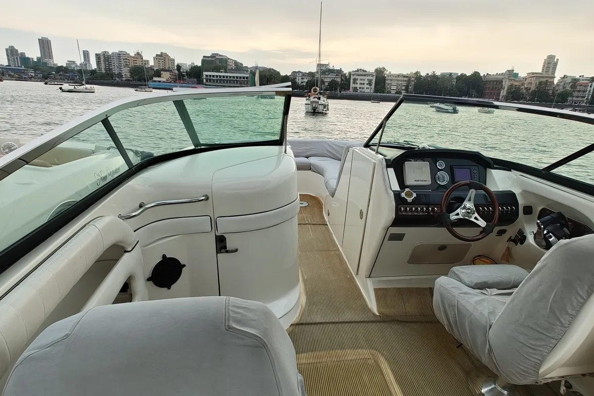 Cockpit of Godiva, a Sea Ray Boats Sea Ray SLX 300 motorboat at Mumbai Harbour, India