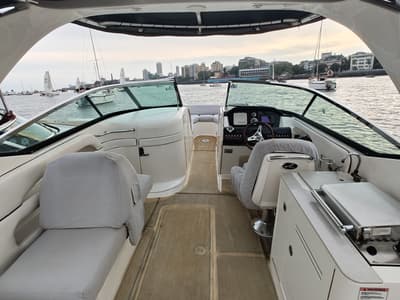 Cockpit of Godiva, a Sea Ray Boats Sea Ray SLX 300 motorboat at Mumbai Harbour, India