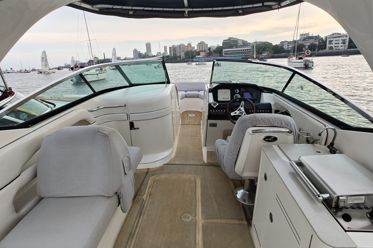 Cockpit of Godiva, a Sea Ray Boats Sea Ray SLX 300 motorboat at Mumbai Harbour, India