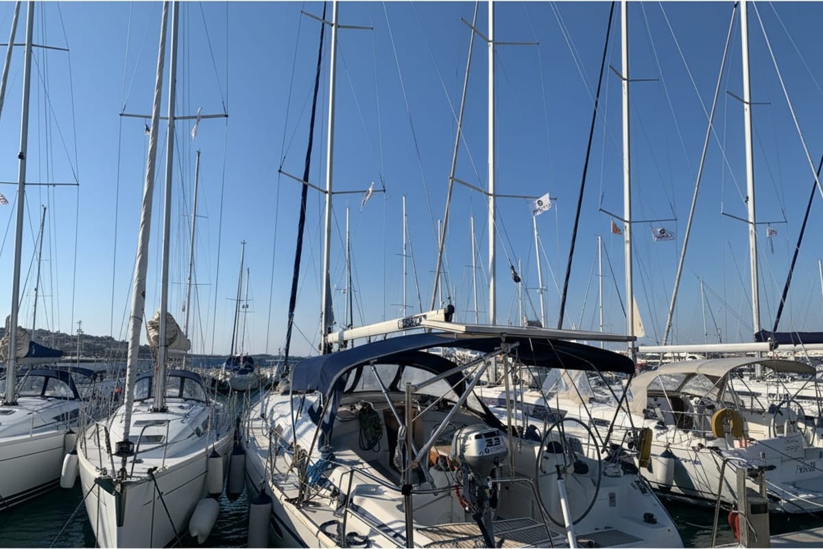 Exterior view of Toisjo, a Bavaria 42 Cruiser sailboat at Kos, Greece