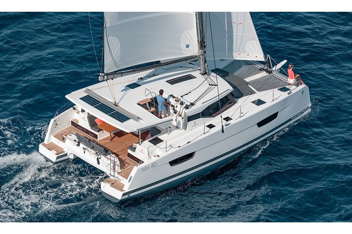 Exterior view of Serenita, a Fountaine Pajot Isla 40 catamaran at Marmaris, Turkey