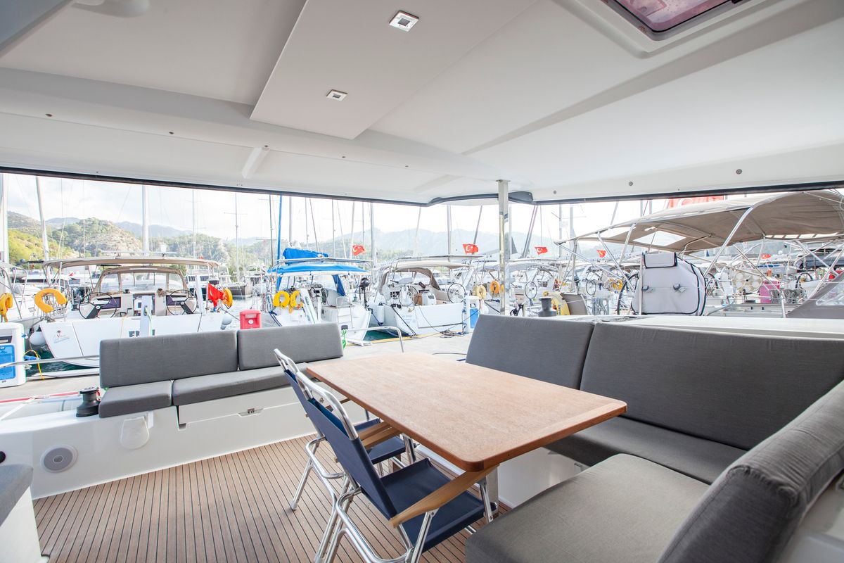 Deck of Serenita, a Fountaine Pajot Isla 40 catamaran at Marmaris, Turkey