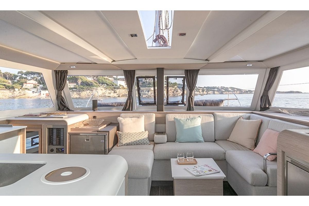 Salon of Serenita, a Fountaine Pajot Isla 40 catamaran at Marmaris, Turkey