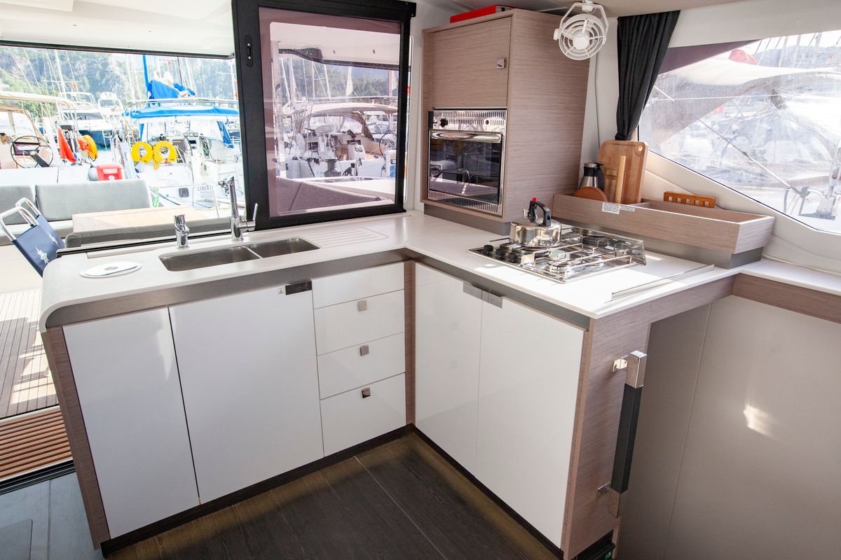 Galley of Serenita, a Fountaine Pajot Isla 40 catamaran at Marmaris, Turkey