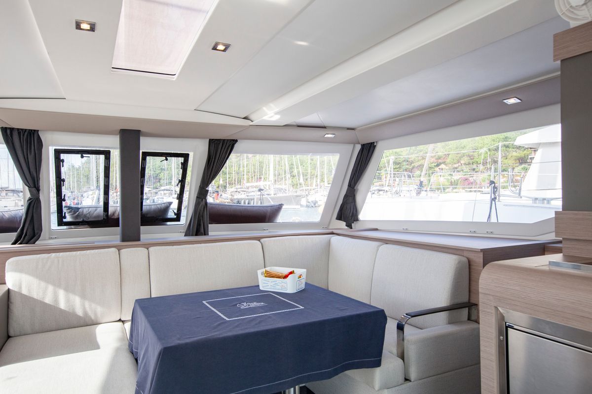 Salon of Serenita, a Fountaine Pajot Isla 40 catamaran at Marmaris, Turkey