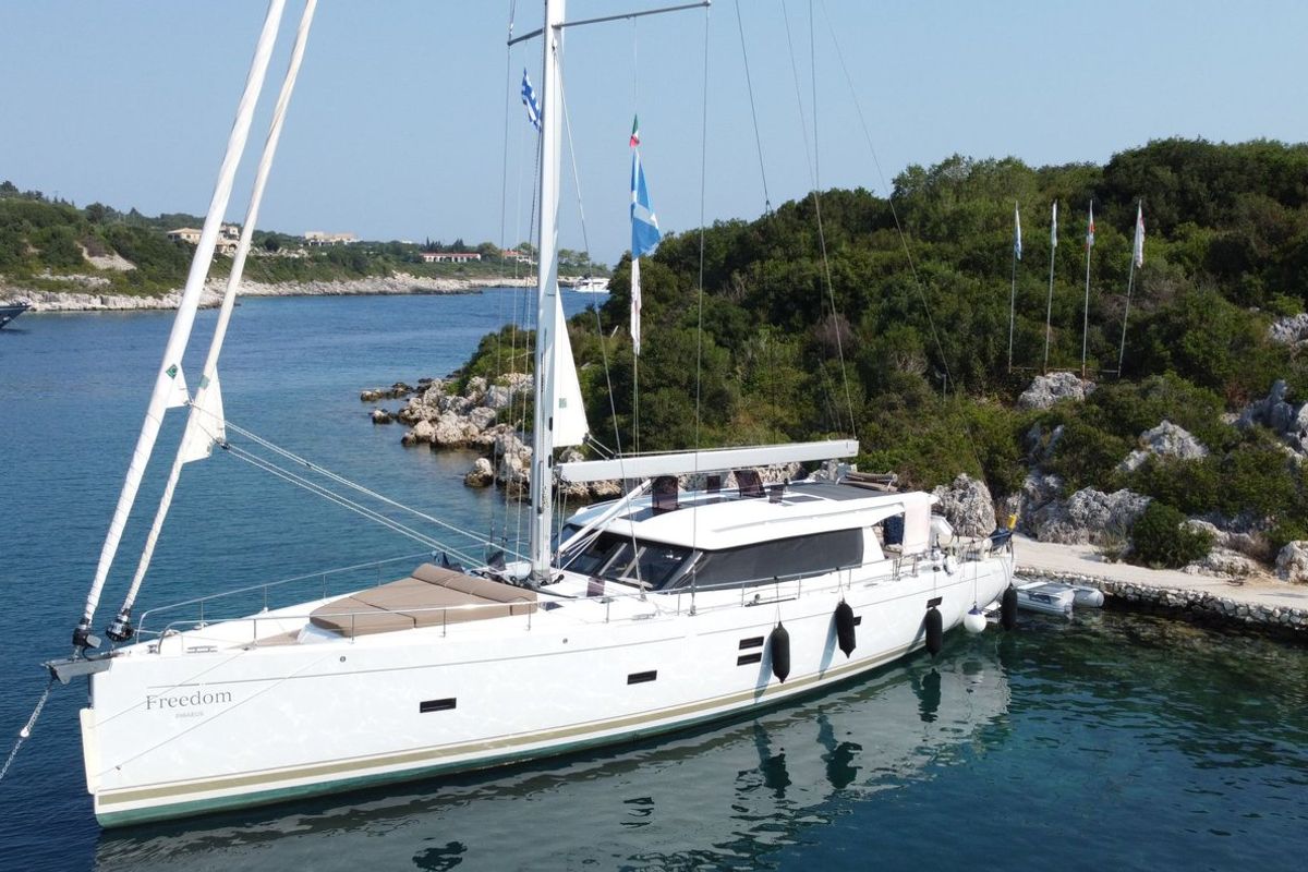 Exterior view of Freedom, a Hanse Yachts Moody 54 DS sailboat at Kontokali, Greece