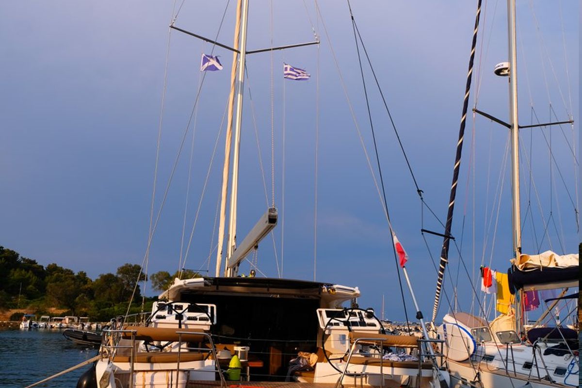 Exterior view of Freedom, a Hanse Yachts Moody 54 DS sailboat at Kontokali, Greece