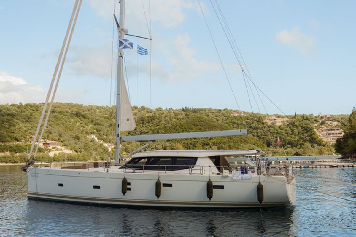 Exterior view of Freedom, a Hanse Yachts Moody 54 DS sailboat at Kontokali, Greece