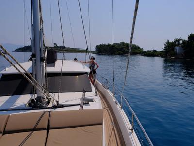 Deck of Freedom, a Hanse Yachts Moody 54 DS sailboat at Kontokali, Greece