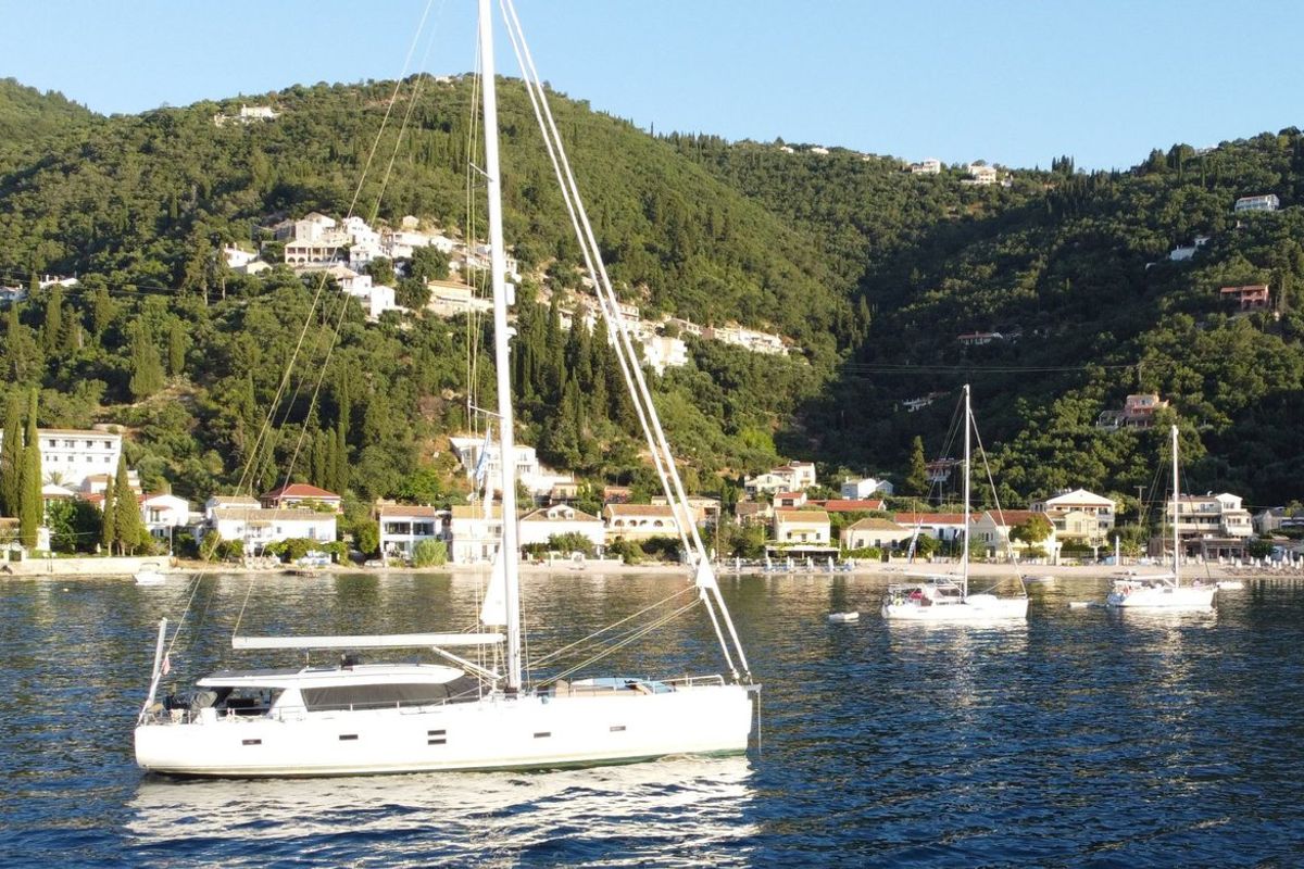 Exterior view of Freedom, a Hanse Yachts Moody 54 DS sailboat at Kontokali, Greece