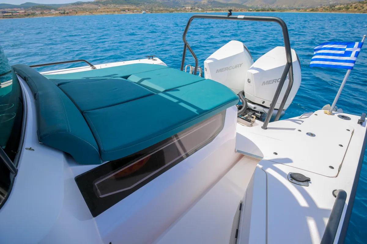 Deck of DIONNE, a Axopar 37 XC Cross Cabin motorboat at Eretria Municipal Unit, Greece