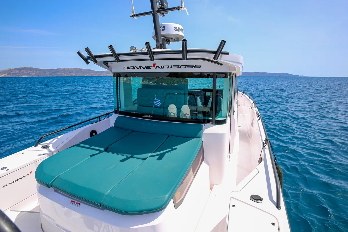 Deck of DIONNE, a Axopar 37 XC Cross Cabin motorboat at Eretria Municipal Unit, Greece
