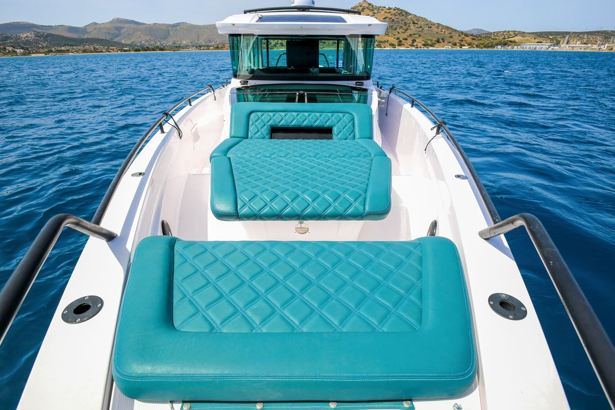 Deck of DIONNE, a Axopar 37 XC Cross Cabin motorboat at Eretria Municipal Unit, Greece