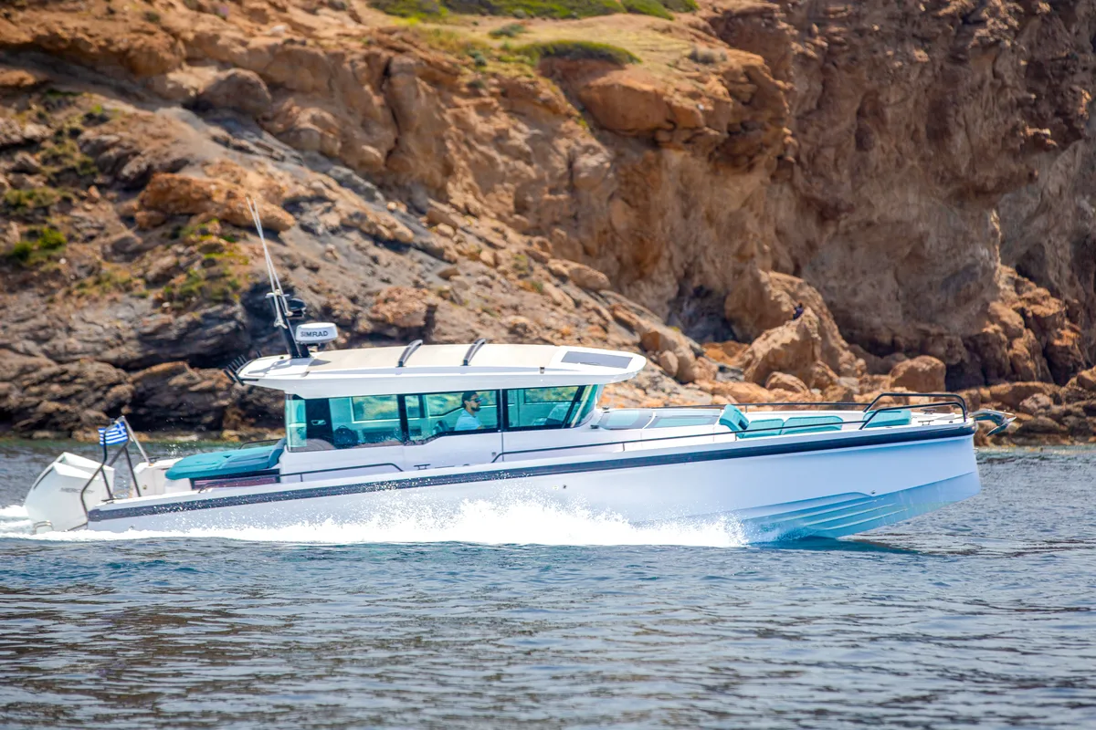 Exterior view of DIONNE, a Axopar 37 XC Cross Cabin motorboat at Eretria Municipal Unit, Greece
