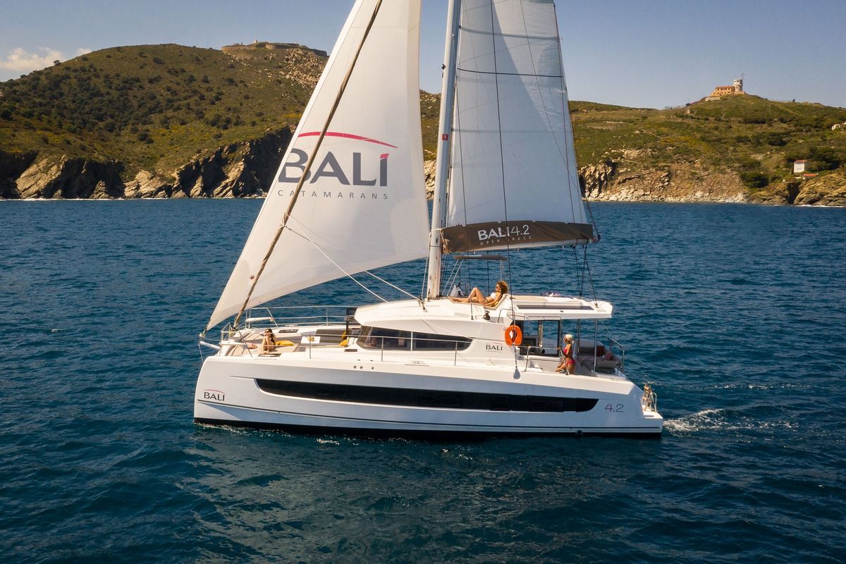 Exterior view of High School, a Bali 4.2 catamaran at Svoronata, Greece