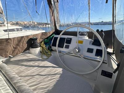 Cockpit of High School, a Bali 4.2 catamaran at Svoronata, Greece