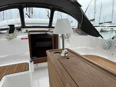 Deck of Veatriki, a Bavaria Cruiser 46 Style sailboat at Athens, Greece