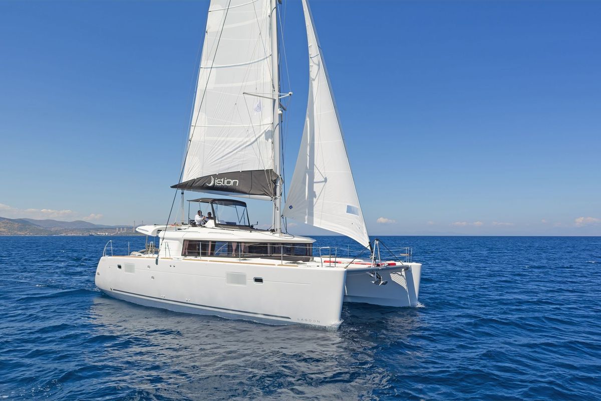Exterior view of Caretta Nana, a Lagoon 450 Fly catamaran at Municipal Unit of Lefkada, Greece