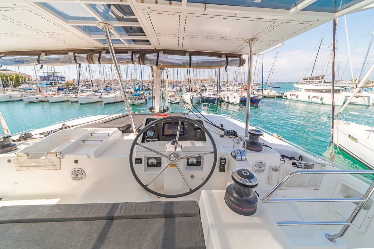 Cockpit of Caretta Nana, a Lagoon 450 Fly catamaran at Municipal Unit of Lefkada, Greece