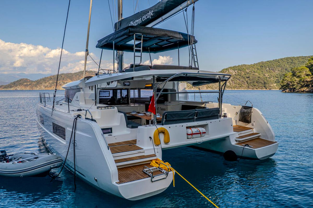 Exterior view of Albatros Escape, a Lagoon 46 catamaran at Fethiye, Turkey