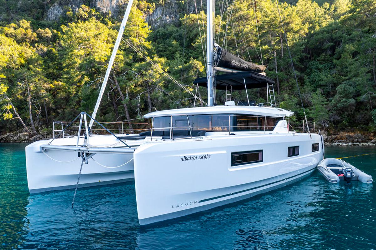 Exterior view of Albatros Escape, a Lagoon 46 catamaran at Fethiye, Turkey