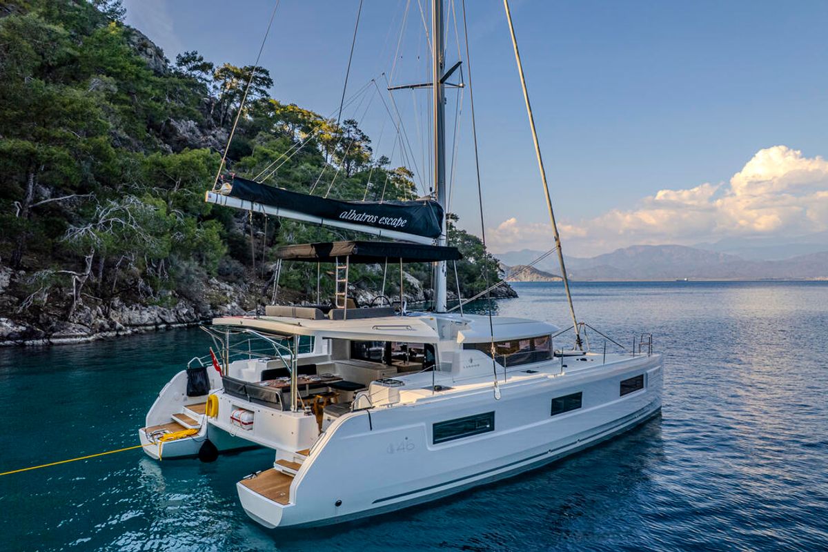 Exterior view of Albatros Escape, a Lagoon 46 catamaran at Fethiye, Turkey