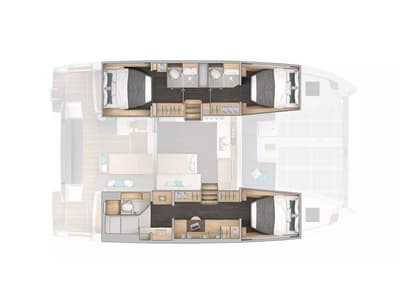 Floor plan of Calipso, a Lagoon 43 catamaran at Olbia, Italy