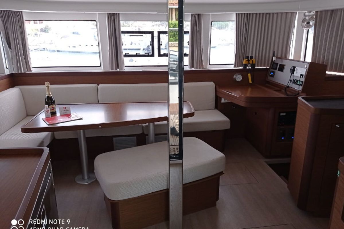 Salon of Lux, a Lagoon 42 catamaran at Cannigione, Italy