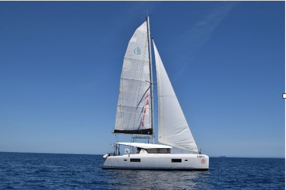 Exterior view of Lux, a Lagoon 42 catamaran at Cannigione, Italy