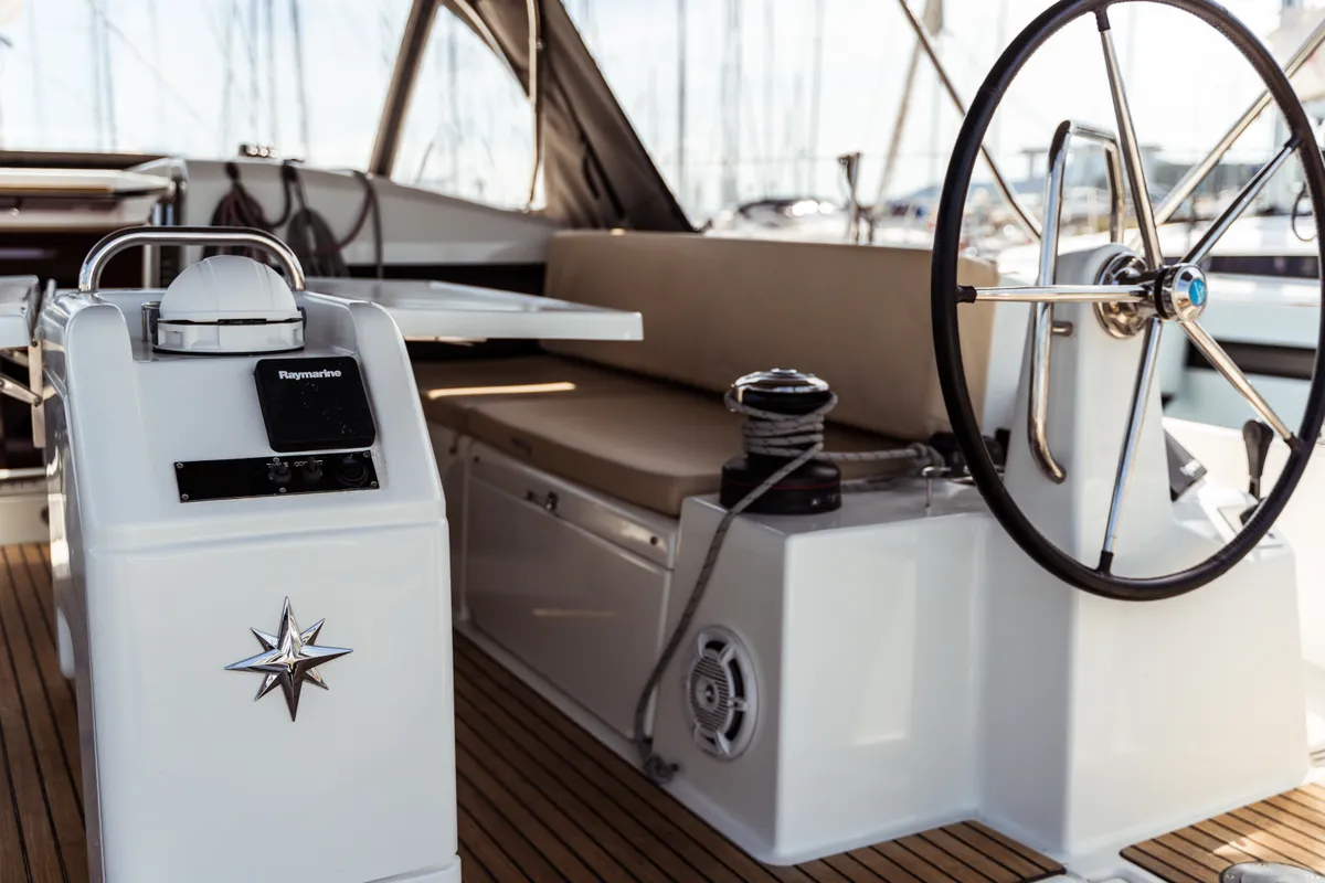 Cockpit of Malala, a Jeanneau Sun Odyssey 440 sailboat at Olbia, Italy