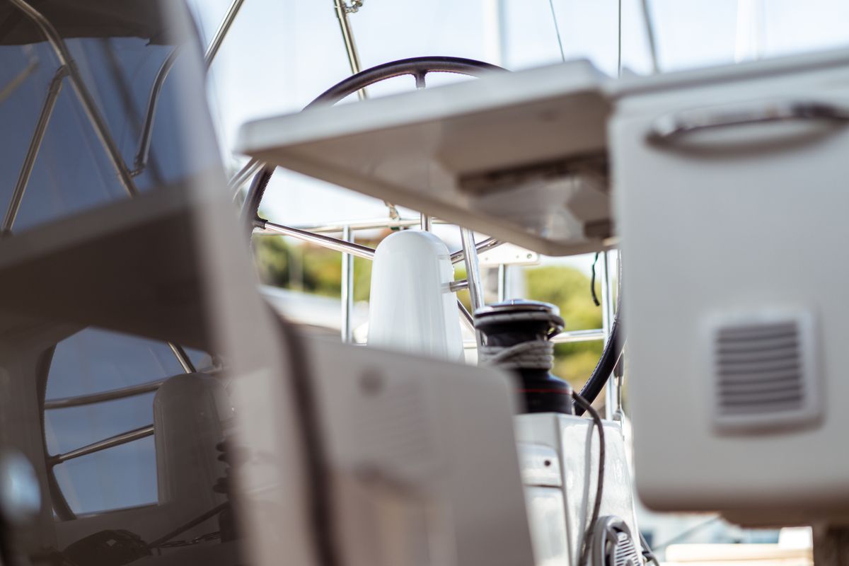 Cockpit of Malala, a Jeanneau Sun Odyssey 440 sailboat at Olbia, Italy