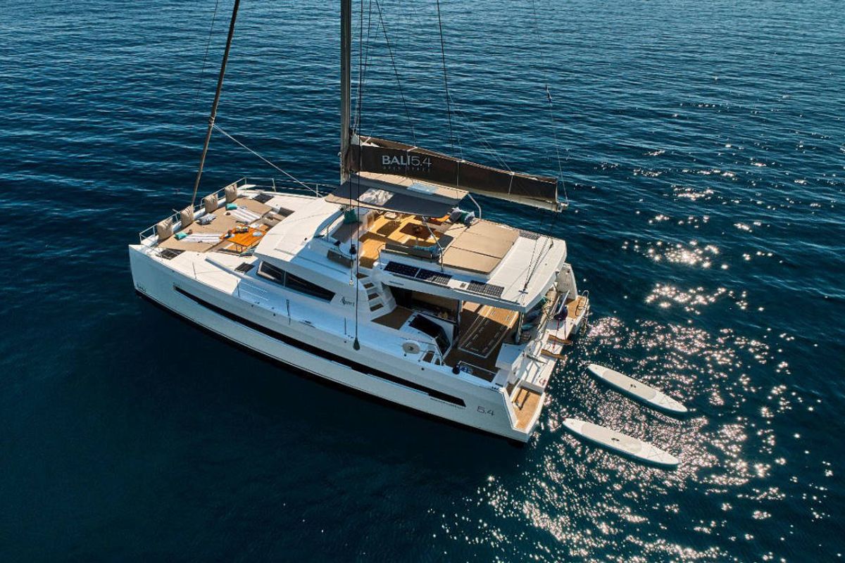 Exterior view of La Grande Bellezza, a Bali 5.4 catamaran at Figari/Golfo Aranci, Italy