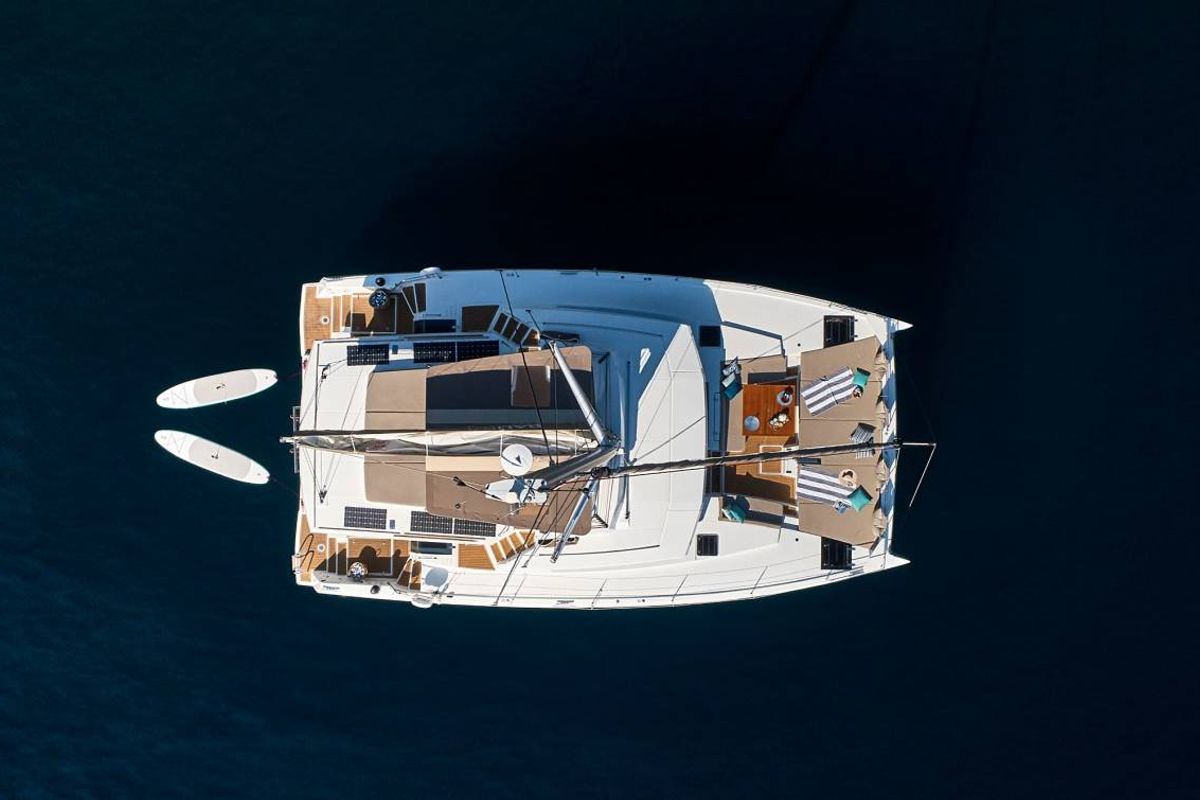 Exterior view of La Grande Bellezza, a Bali 5.4 catamaran at Figari/Golfo Aranci, Italy