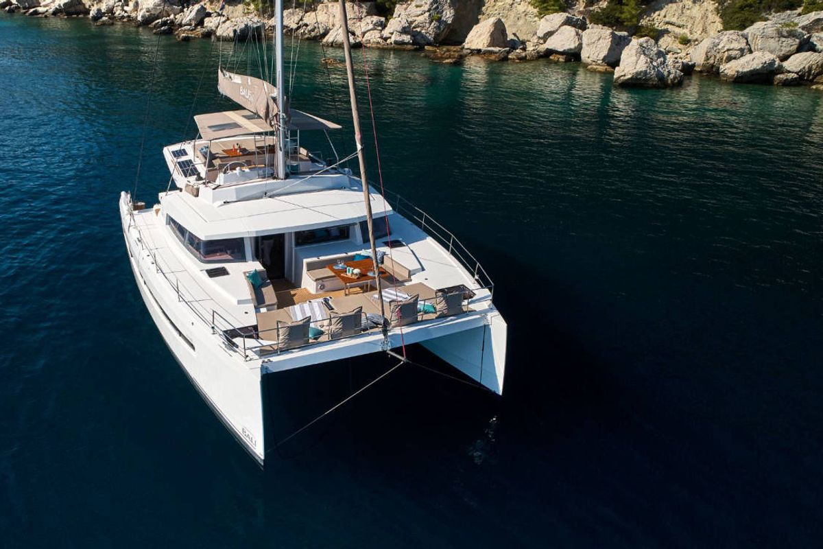 Exterior view of La Grande Bellezza, a Bali 5.4 catamaran at Figari/Golfo Aranci, Italy